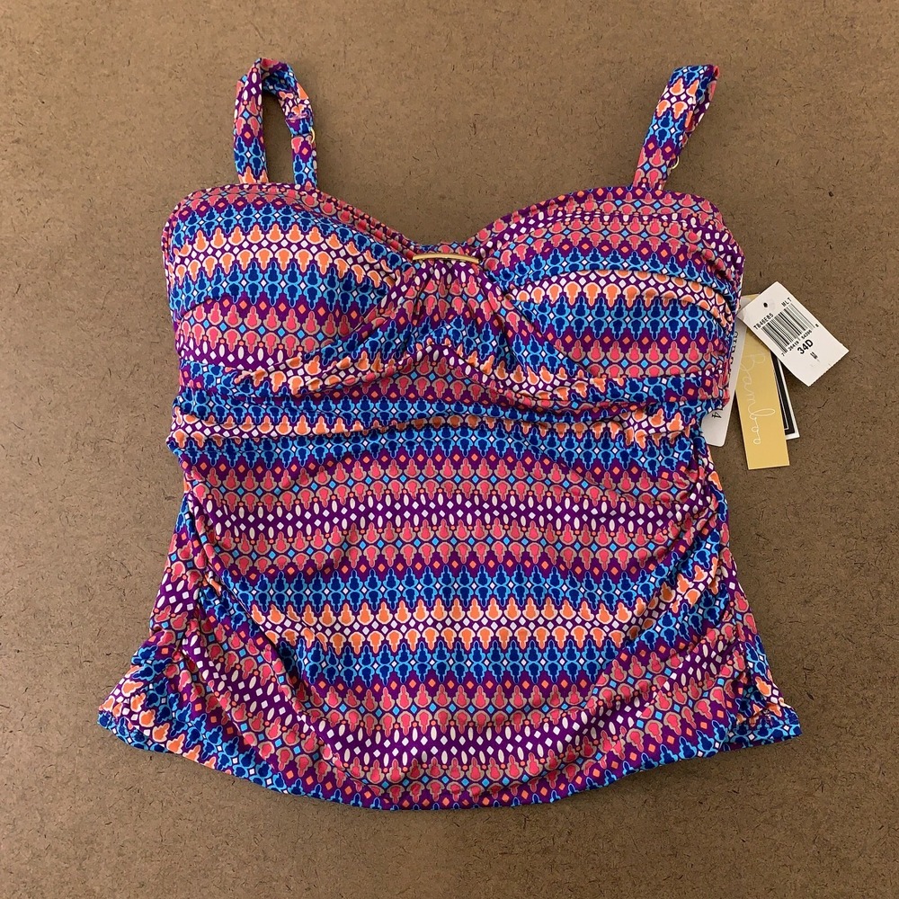 2 Bamboo Women's Size 34D Medium Colorful Print Adjustable Tankini Swim Top NWT